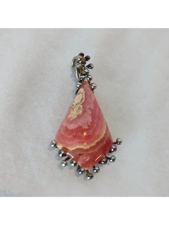 Artisan Handmade Pink Rhodochrosite Sterling Silver Pendant Modernist Brutalist - Picture 1 of 5